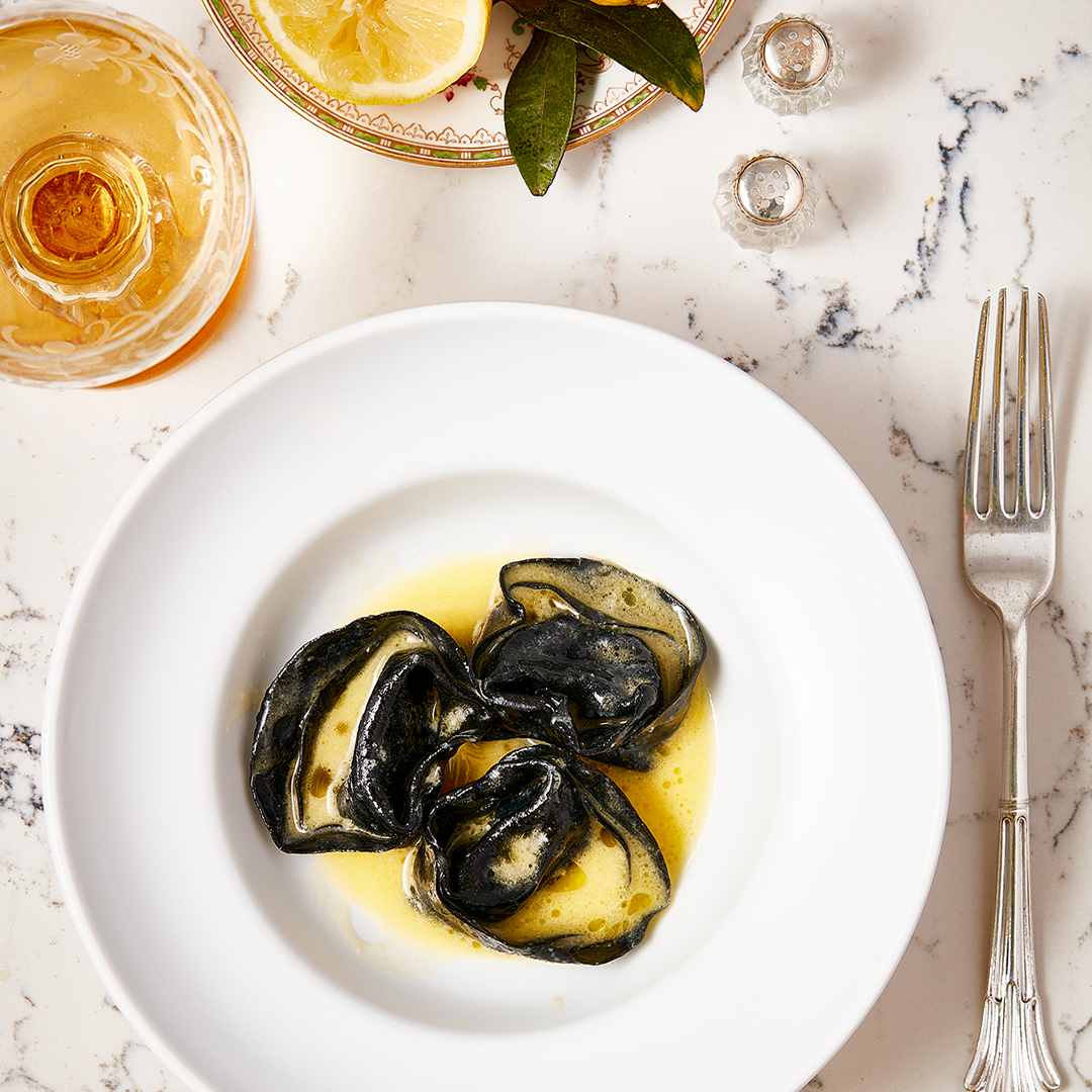 Charcoal Devonshire Crab & Mascarpone Tortelloni With Lemon Butter