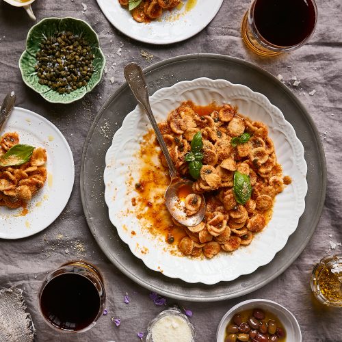 orecchiette with red pesto & capers